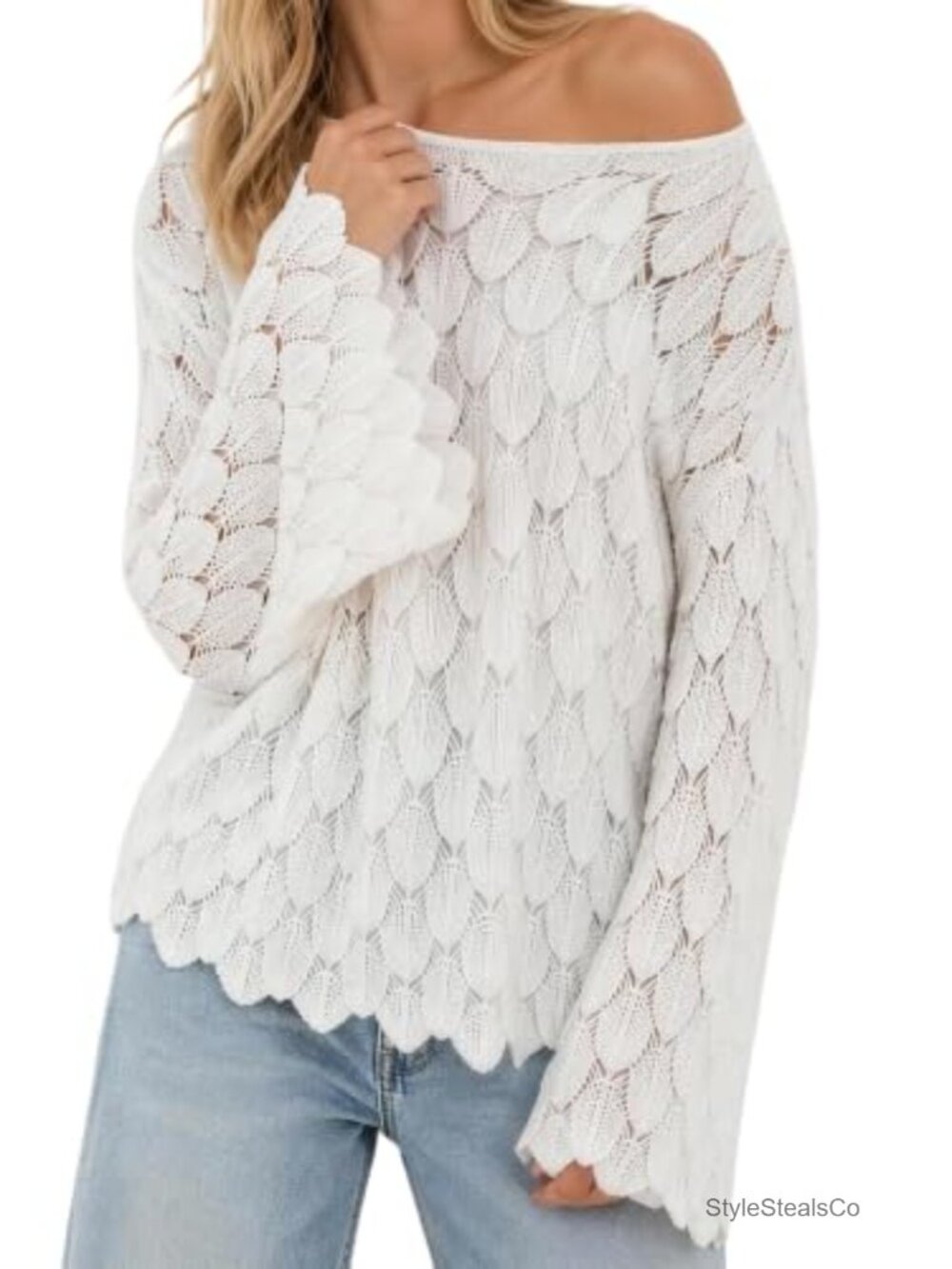 Crochet Hollow Out Long Sleeve Off Shoulder Knit Sweater Top Boho